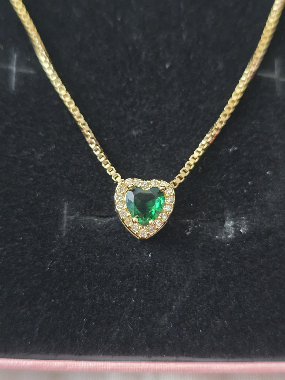 Gold Heart Necklace with Emerald Green Center